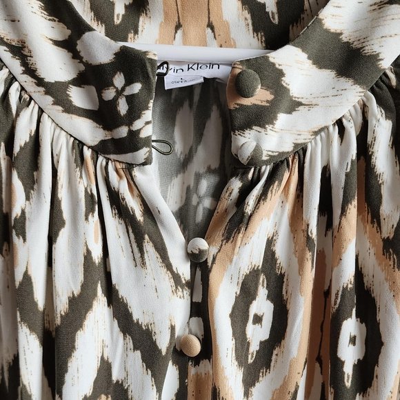 CALVIN KLEIN Patterned Cream, Orange, Brown Top | Sleeveless Button Blouse Shirt - Picture 5 of 7